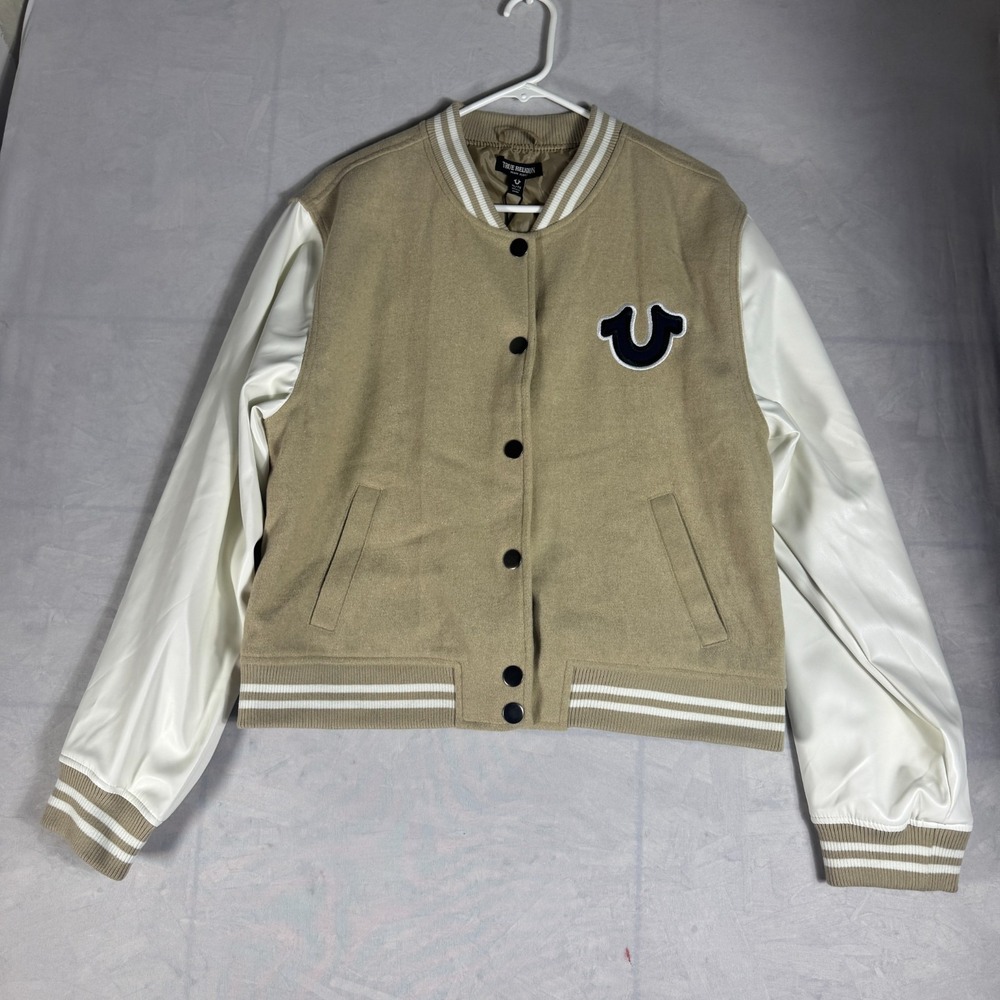 NWT True Religion Womens True‎ Varsity Jacket Beige White Minimal Streetwear XL